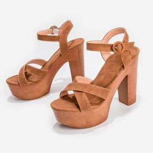 Sexy Été Marron Vêtement De Rue Sandales Femme 2022 12 Cm Talons Épais Imperméables Peep Toes Bout Ouvert Bride Cheville Sandales Talons Hauts