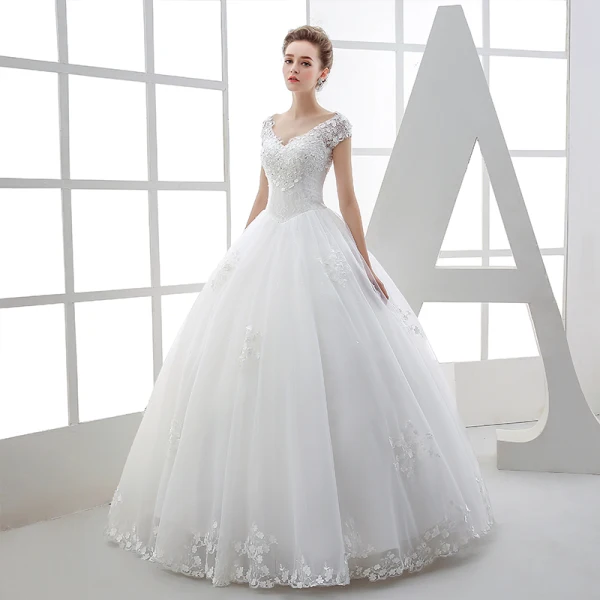 Classic Church Wedding Dresses 2017 White Ball Gown Floor-Length / Long V-Neck Sleeveless Backless Lace Beading Sequins Appliques