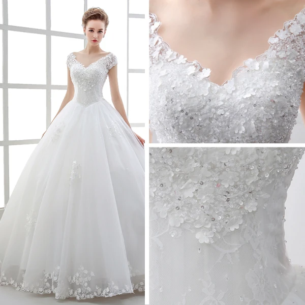 Classic Church Wedding Dresses 2017 White Ball Gown Floor-Length / Long V-Neck Sleeveless Backless Lace Beading Sequins Appliques