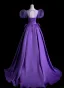 Vintage / Retro Purple Beading Satin Prom Dresses 2025 A-Line / Princess Scoop Neck Puffy Short Sleeve Backless Floor-Length / Long Prom Formal Dresses