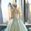Classic Wedding Dresses 2017 Cathedral Train White Ball Gown Scoop Neck Short Sleeve Backless Pearl Sequins Lace Appliques