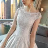 Classic Wedding Dresses 2017 Cathedral Train White Ball Gown Scoop Neck Short Sleeve Backless Pearl Sequins Lace Appliques