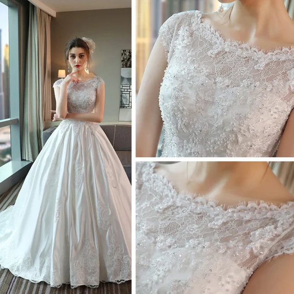 Classic Wedding Dresses 2017 Cathedral Train White Ball Gown Scoop Neck Short Sleeve Backless Pearl Sequins Lace Appliques
