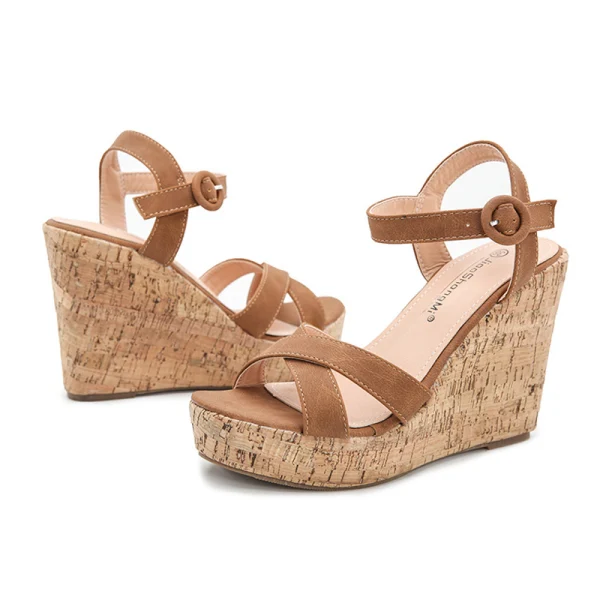 Modest / Simple Brown Street Wear Beach Womens Sandals 2022 Ankle Strap Waterproof 11 cm Wedges Open / Peep Toe Sandals High Heels