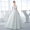Chic / Beautiful Hall Wedding Dresses 2017 Floor-Length / Long White Ball Gown V-Neck Sleeveless Backless Rhinestone Bow Sash Lace Appliques