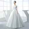 Chic / Beautiful Hall Wedding Dresses 2017 Floor-Length / Long White Ball Gown V-Neck Sleeveless Backless Rhinestone Bow Sash Lace Appliques