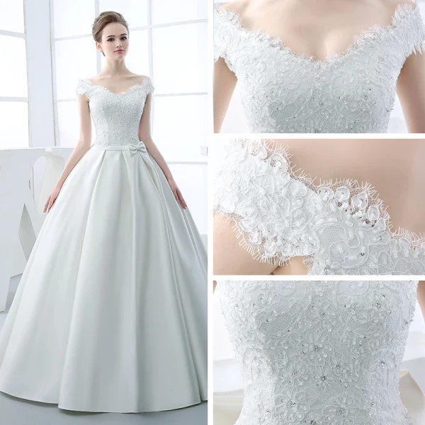 Chic / Belle Salle Robe De Mariée 2017 Longue Blanche Robe Boule V-Cou Sans Manches Dos Nu Faux Diamant Noeud Ceinture En Dentelle Appliques