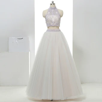 2 Pièces Salle Robe De Mariée 2017 Blanche Princesse Longue Col Haut Sans Manches Dos Nu Perlage