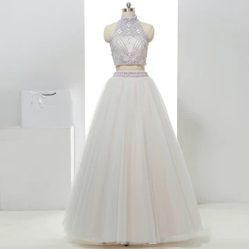 2 Bit Hall Bröllopsklänningar 2017 Vit Prinsessa Långa Hög Hals Ärmlös Halterneck Beading