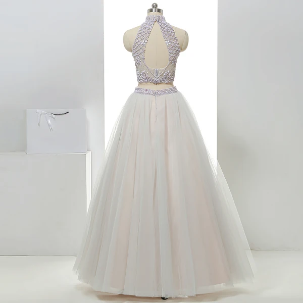 2 Piece Hall Wedding Dresses 2017 White A-Line / Princess Floor-Length / Long High Neck Sleeveless Backless Beading