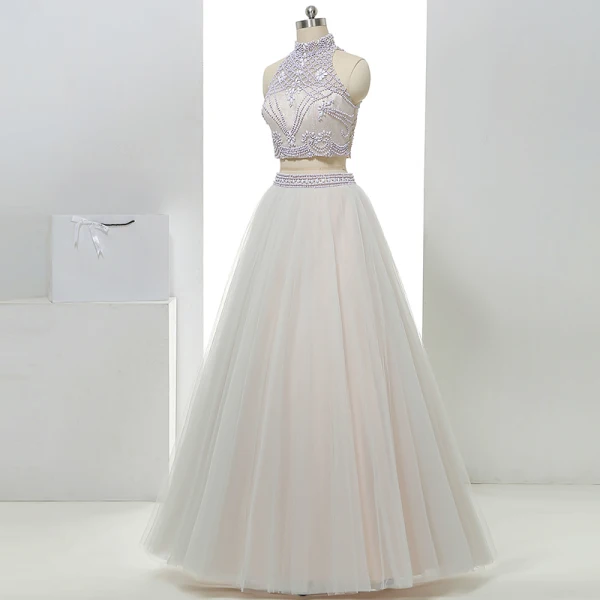2 Piece Hall Wedding Dresses 2017 White A-Line / Princess Floor-Length / Long High Neck Sleeveless Backless Beading