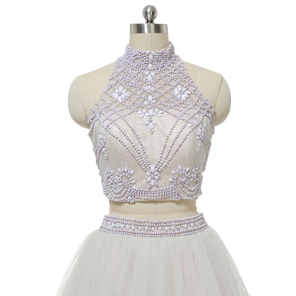 2 Piece Hall Wedding Dresses 2017 White A-Line / Princess Floor-Length / Long High Neck Sleeveless Backless Beading