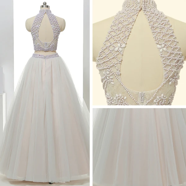 2 Piece Hall Wedding Dresses 2017 White A-Line / Princess Floor-Length / Long High Neck Sleeveless Backless Beading