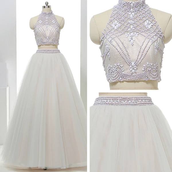 2 Piece Hall Wedding Dresses 2017 White A-Line / Princess Floor-Length / Long High Neck Sleeveless Backless Beading
