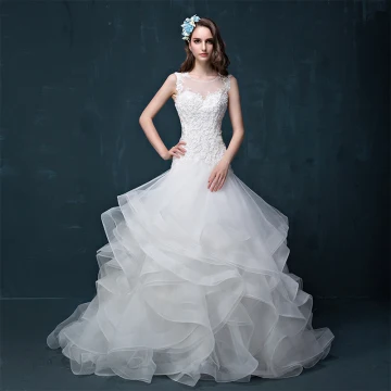 Chic Beautiful Church Wedding Dresses 2017 White Trumpet Mermaid Chapel Train Scoop Neck Sleeveless Backless Cascading Ruffles Pearl Lace Appliques