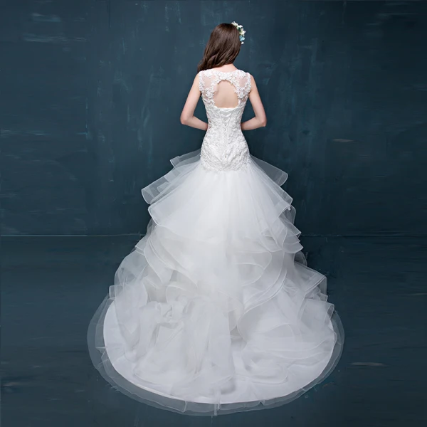 Chic / Beautiful Church Wedding Dresses 2017 White Trumpet / Mermaid Chapel Train Scoop Neck Sleeveless Backless Cascading Ruffles Pearl Lace Appliques