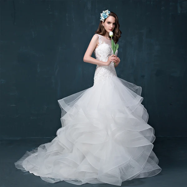 Chic / Beautiful Church Wedding Dresses 2017 White Trumpet / Mermaid Chapel Train Scoop Neck Sleeveless Backless Cascading Ruffles Pearl Lace Appliques