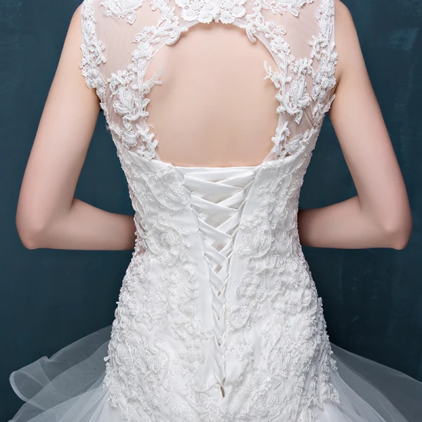 Chic / Beautiful Church Wedding Dresses 2017 White Trumpet / Mermaid Chapel Train Scoop Neck Sleeveless Backless Cascading Ruffles Pearl Lace Appliques