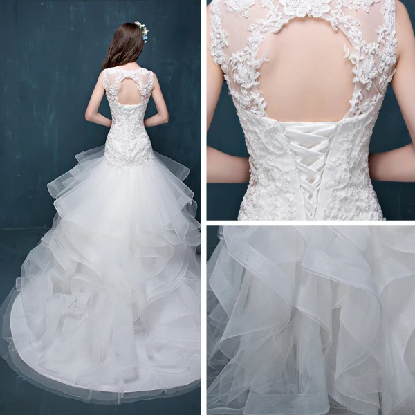 Chic / Beautiful Church Wedding Dresses 2017 White Trumpet / Mermaid Chapel Train Scoop Neck Sleeveless Backless Cascading Ruffles Pearl Lace Appliques