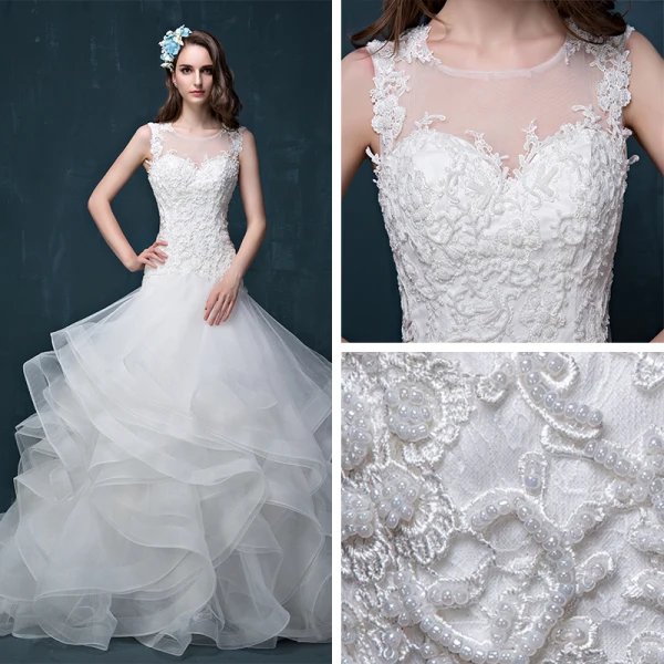 Chic / Beautiful Church Wedding Dresses 2017 White Trumpet / Mermaid Chapel Train Scoop Neck Sleeveless Backless Cascading Ruffles Pearl Lace Appliques