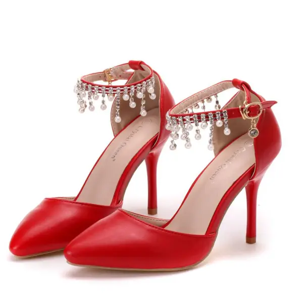 Chic / Beautiful Red Pearl Rhinestone Wedding Shoes 2025 Ankle Strap 9 cm Stiletto Heels Pointed Toe Wedding Heels
