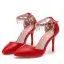 Chic / Beautiful Red Pearl Rhinestone Wedding Shoes 2025 Ankle Strap 9 cm Stiletto Heels Pointed Toe Wedding Heels