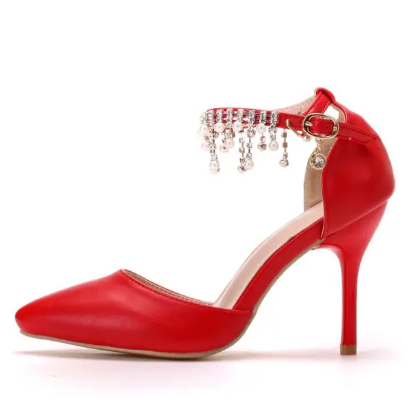 Chic / Beautiful Red Pearl Rhinestone Wedding Shoes 2025 Ankle Strap 9 cm Stiletto Heels Pointed Toe Wedding Heels