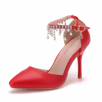 Chic Beautiful Red Pearl Rhinestone Wedding Shoes 2025 Ankle Strap 9 Cm Stiletto Heels Pointed Toe Wedding Heels