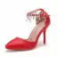 Chic / Beautiful Red Pearl Rhinestone Wedding Shoes 2025 Ankle Strap 9 cm Stiletto Heels Pointed Toe Wedding Heels