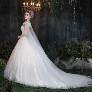 Amazing Unique Church Wedding Dresses 2017 White Ball Gown Cathedral Train Sleeveless Square Neckline Artificial Flowers Backless Appliques Lace Beading Pearl