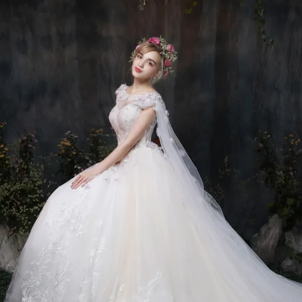 Unique Kirche Brautkleider 2017 Weiß Ballkleid Kathedrale Schleppe Ärmellos Eckiger Ausschnitt Künstliche Blumen Rückenfreies Applikationen Mit Spitze Perlenstickerei Perle