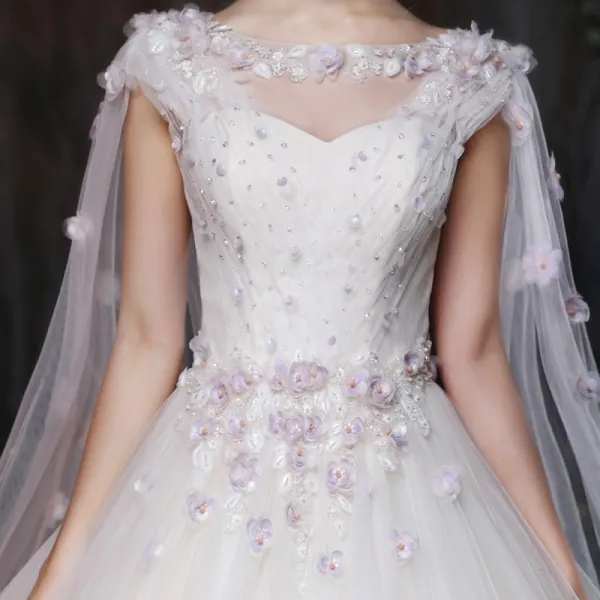 Unique Kirche Brautkleider 2017 Weiß Ballkleid Kathedrale Schleppe Ärmellos Eckiger Ausschnitt Künstliche Blumen Rückenfreies Applikationen Mit Spitze Perlenstickerei Perle