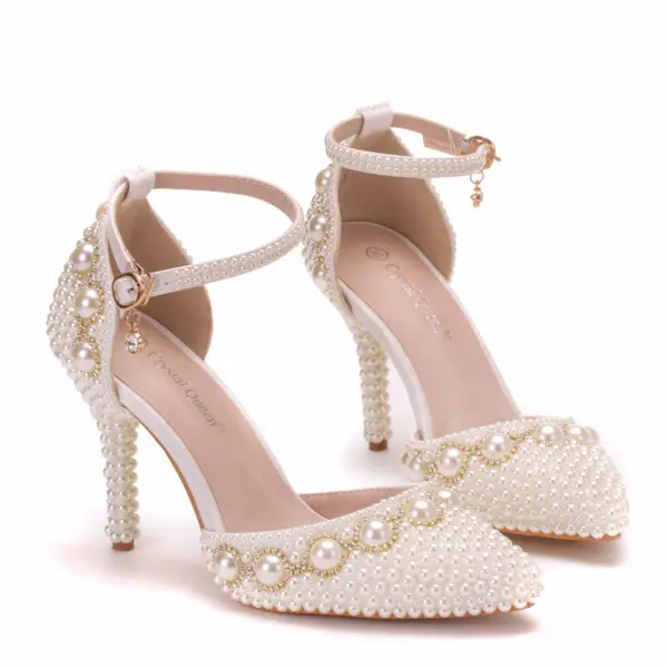 Edles Weiß Perle Brautschuhe 2022 Knöchelriemen Strass 9 cm Stilettos Spitzschuh Brautschuhe Hochhackige