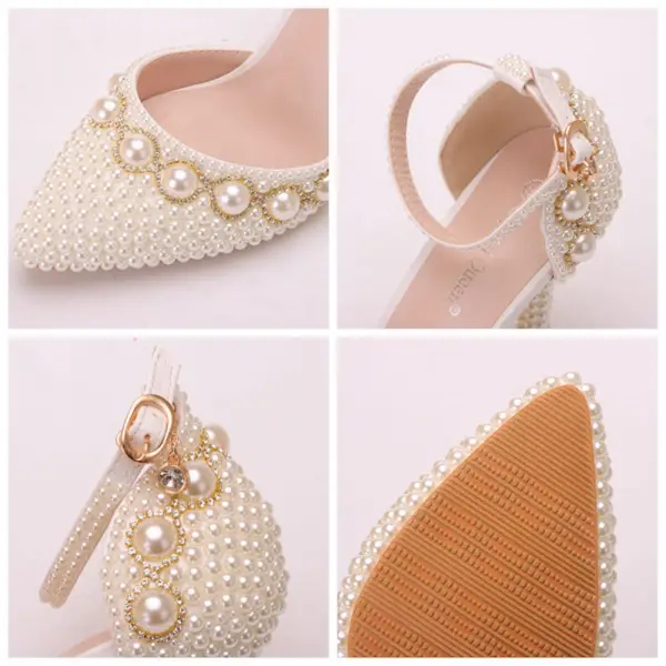 Edles Weiß Perle Brautschuhe 2022 Knöchelriemen Strass 9 cm Stilettos Spitzschuh Brautschuhe Hochhackige