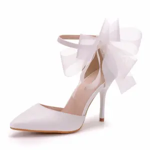 Chic Beautiful White Bow Pointed Toe Prom Womens Sandals 2025 Ankle Strap 9 Cm Stiletto Heels Womens Shoes High Heels
