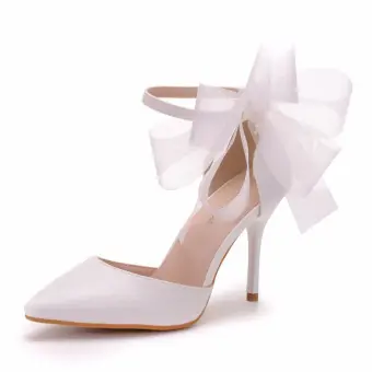 Chic Beautiful White Bow Pointed Toe Prom Womens Sandals 2025 Ankle Strap 9 Cm Stiletto Heels Womens Shoes High Heels