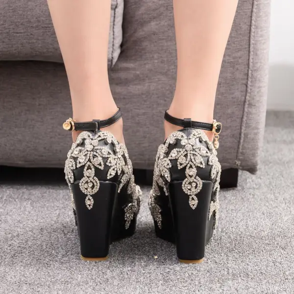 Chic / Beautiful Black Rhinestone Prom Womens Shoes 2025 Ankle Strap 10 cm Wedges Round Toe Womens Shoes
