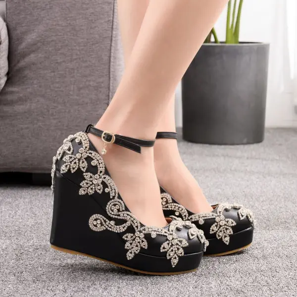 Chic / Beautiful Black Rhinestone Prom Womens Shoes 2025 Ankle Strap 10 cm Wedges Round Toe Womens Shoes