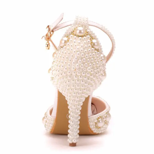 Edles Weiß Perle Brautschuhe 2022 Knöchelriemen Strass 9 cm Stilettos Spitzschuh Brautschuhe Hochhackige