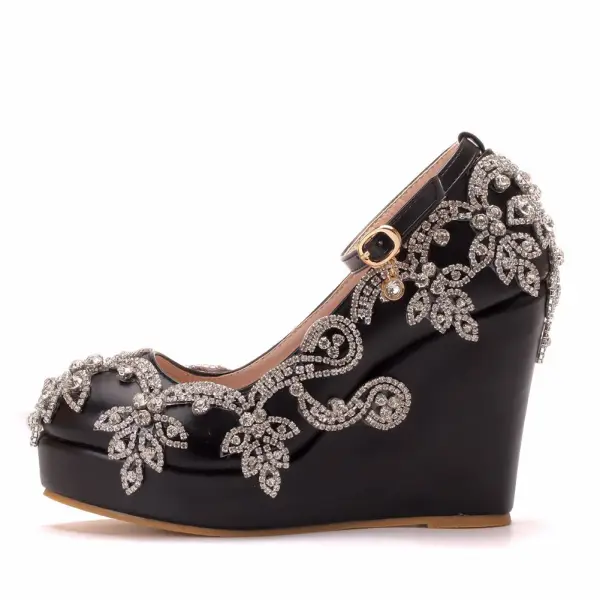 Chic / Beautiful Black Rhinestone Prom Womens Shoes 2025 Ankle Strap 10 cm Wedges Round Toe Womens Shoes