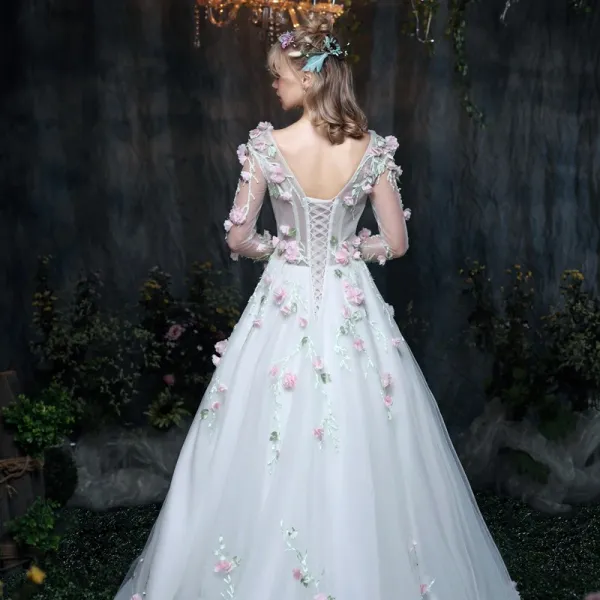 Amazing / Unique Outdoor / Garden Wedding Dresses 2017 Floor-Length / Long White A-Line / Princess V-Neck Long Sleeve Backless Lace Appliques Flower