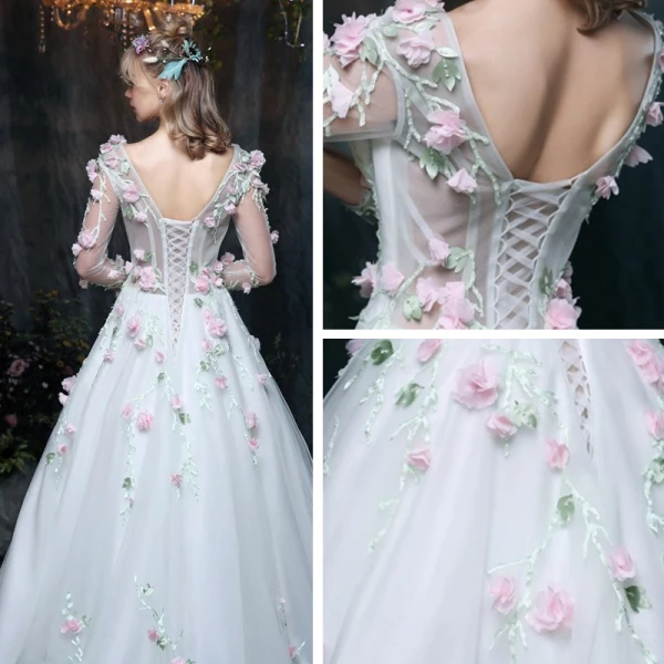 Amazing / Unique Outdoor / Garden Wedding Dresses 2017 Floor-Length / Long White A-Line / Princess V-Neck Long Sleeve Backless Lace Appliques Flower