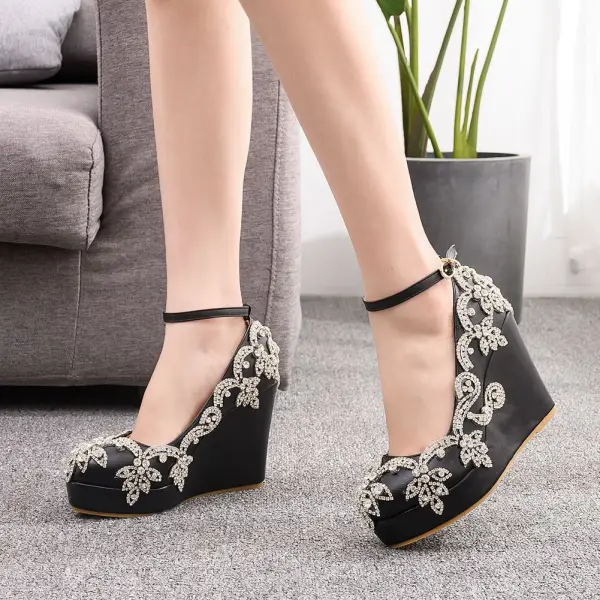 Chic / Beautiful Black Rhinestone Prom Womens Shoes 2025 Ankle Strap 10 cm Wedges Round Toe Womens Shoes
