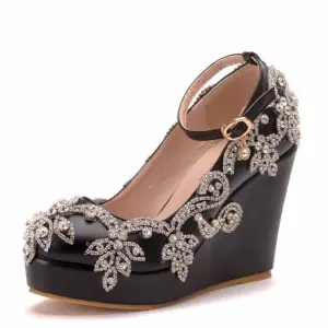 Chic Belle Noire Faux Diamant Promo Chaussures Femmes 2025 Bride Cheville 10 Cm Compensées À Bout Rond Chaussures Femmes