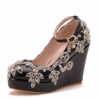 Mooie Prachtige Zwarte Rhinestone Gala Damesschoenen 2025 Enkelband 10 Cm Sleehakken Ronde Neus Damesschoenen