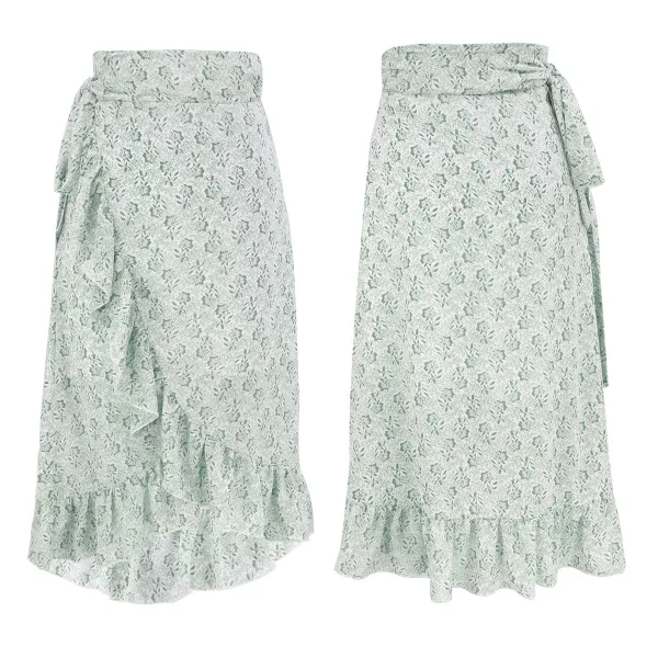 Haute Basse Rose Sombre Femme Mi-longue Florale Jupes 2021 Plage Laçage Été Asymétrique Bottoms