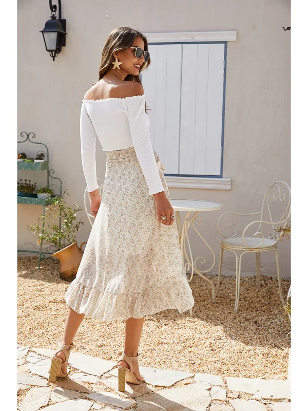 Haute Basse Rose Sombre Femme Mi-longue Florale Jupes 2021 Plage Laçage Été Asymétrique Bottoms