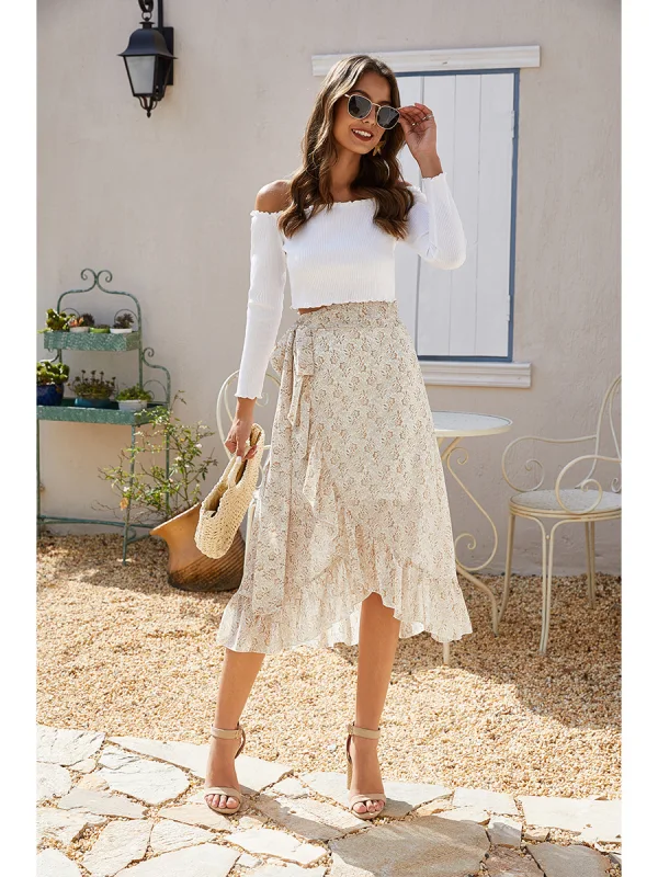 Haute Basse Rose Sombre Femme Mi-longue Florale Jupes 2021 Plage Laçage Été Asymétrique Bottoms