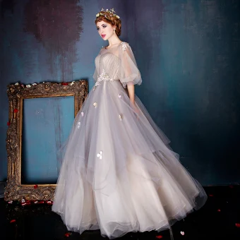 Mooie Prachtige Gala Gelegenheid Jurken 2017 Galajurken Grijs Baljurk Lange 1 2 Mouwen Ronde Hals Ruglooze Pailletten Kant Appliques Rhinestone
