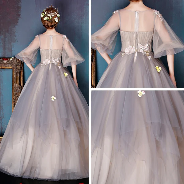 Chic / Beautiful Prom Formal Dresses 2017 Prom Dresses Grey Ball Gown Floor-Length / Long 1/2 Sleeves Scoop Neck Backless Sequins Lace Appliques Rhinestone